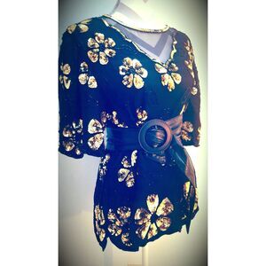 GOLD black sequin flower sheer overlay silk top blouse tunic Laurence Kazar 1X